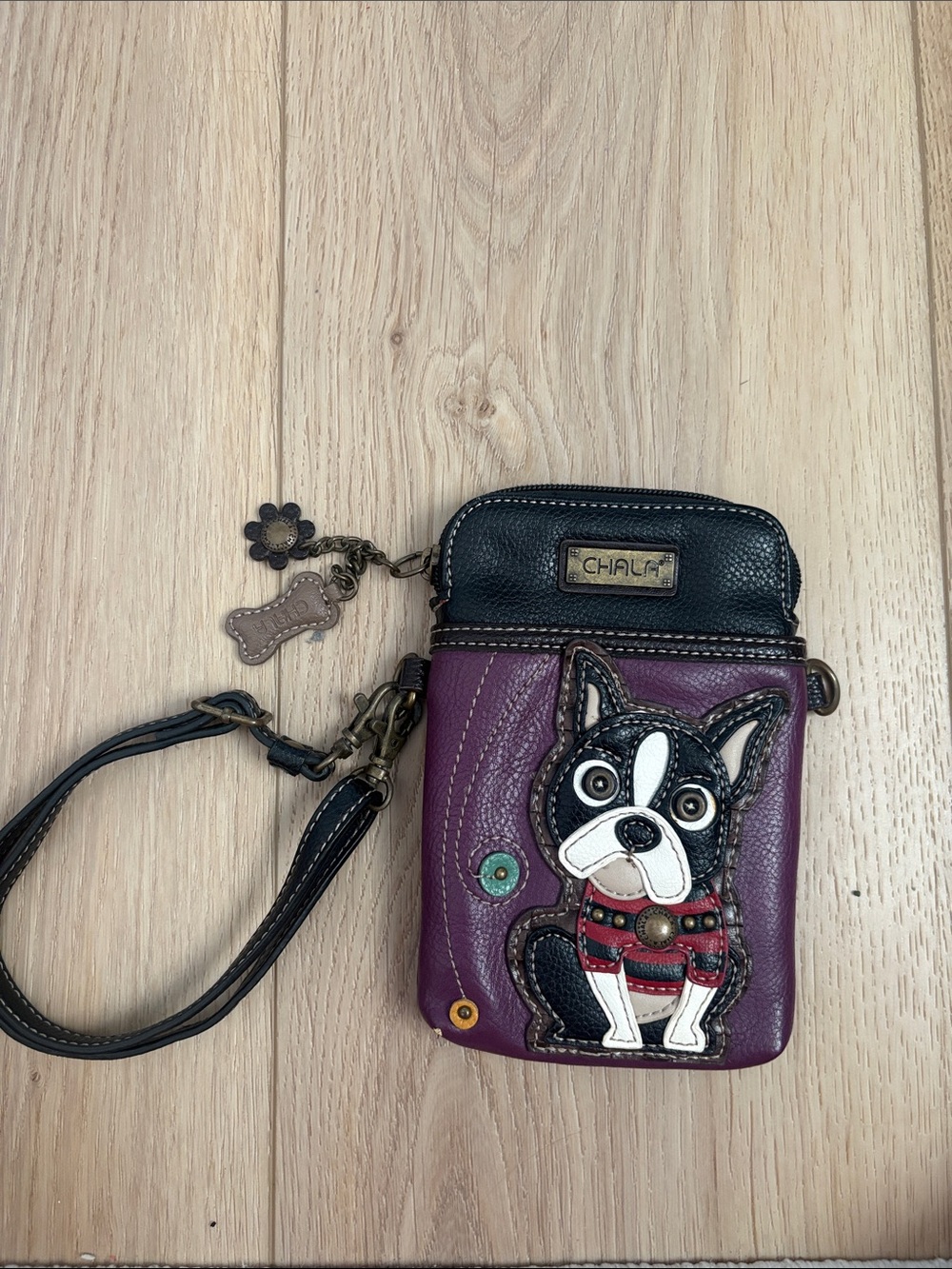 Chala Purple & Black Bulldog Wristlet Crossbody Phone Pouch